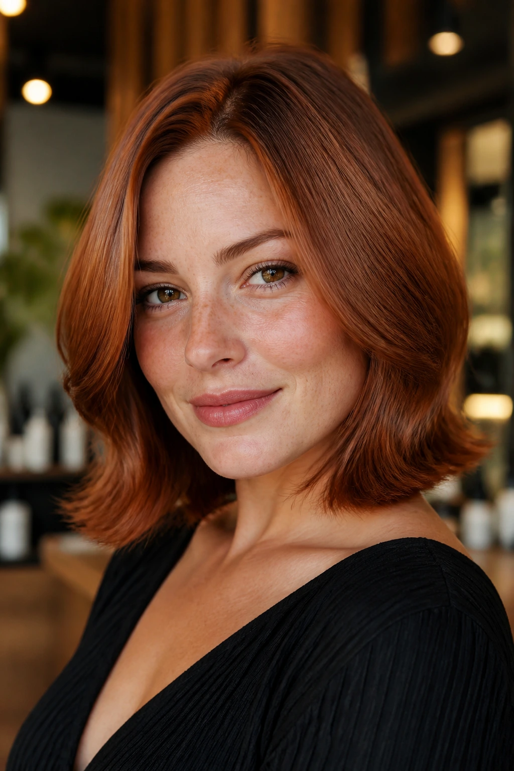 Close-up portrait of a real woman with copper shoulder-length hair and outward flipped ends just below the jaw.