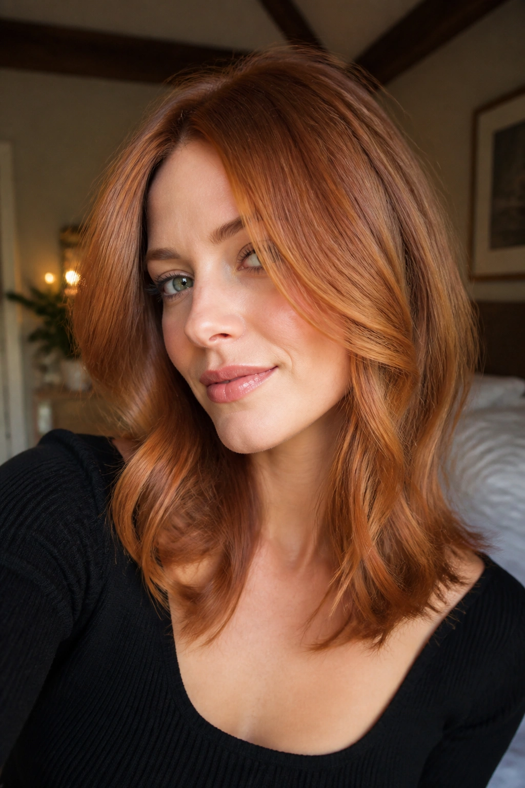 Close-up of a real woman with copper midi cut and long face-framing layers in warm light