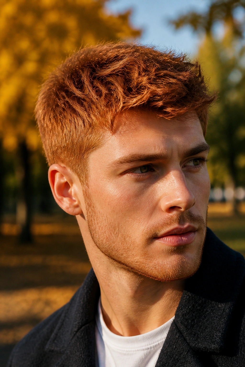 Close-up portrait of a man with copper hair in a sunny autumn park