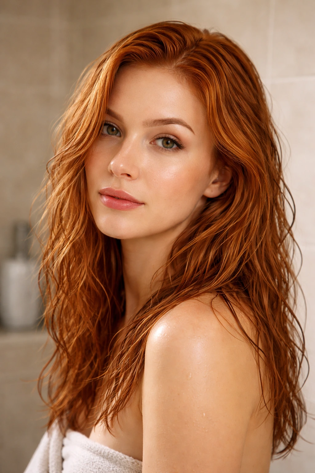 Close-up portrait of copper-haired person in a bathroom illustrating toning considerations