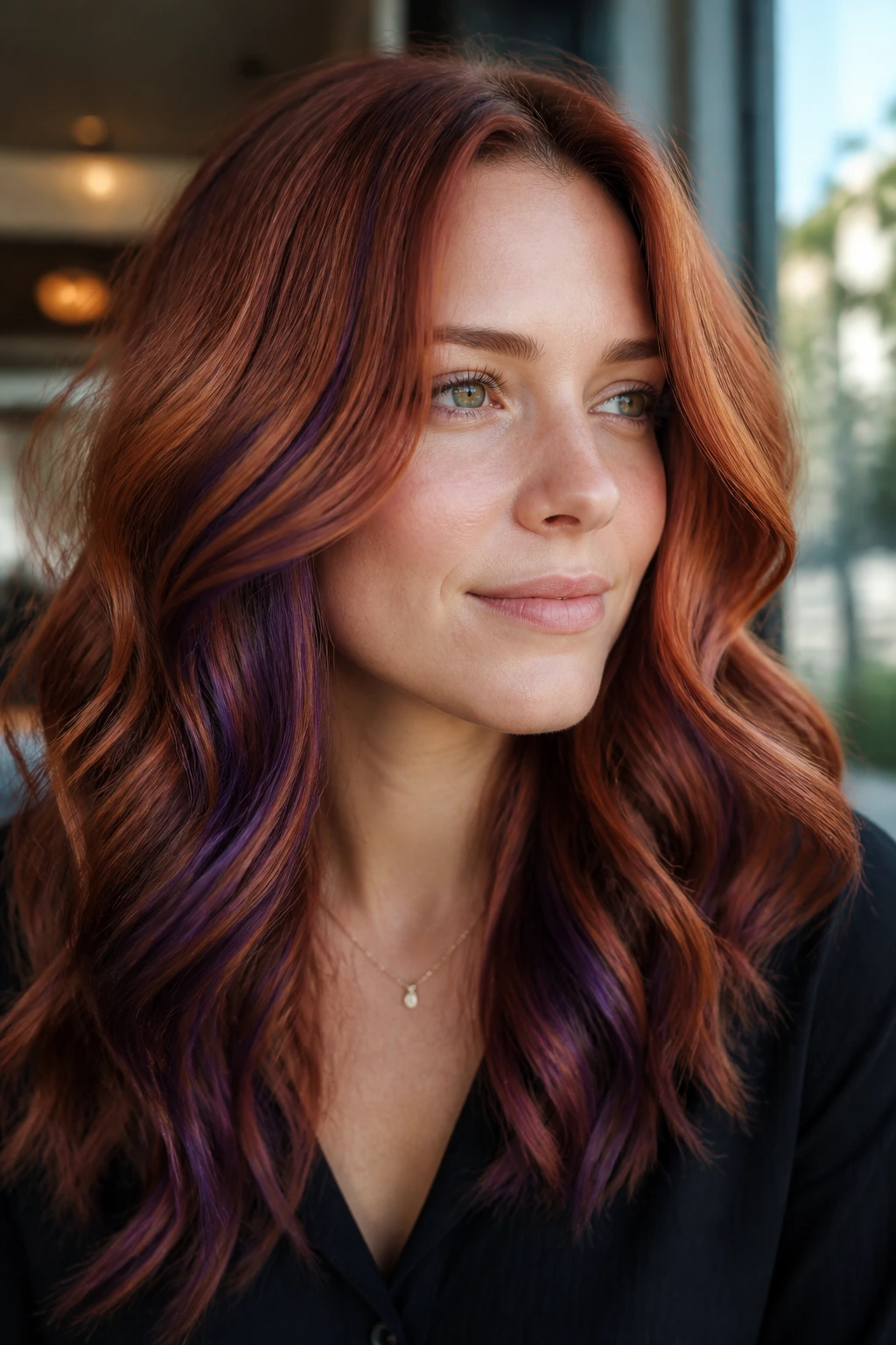 Close-up portrait of a real person with copper hair and violet lowlights on cool skin tones