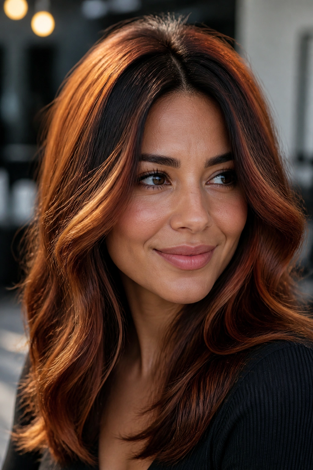 Portrait of a person with a bold copper halo around the crown