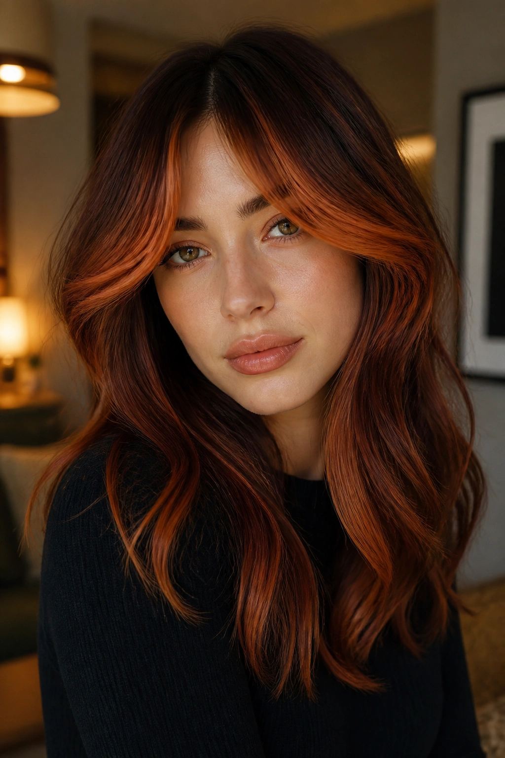 Portrait of a real woman with curtain bangs and copper halo in soft living room light