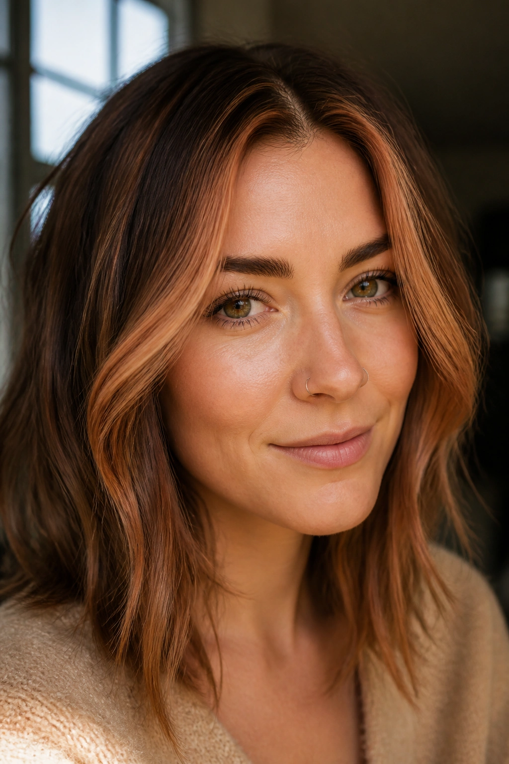 Real-person portrait with copper halo face-framing balayage