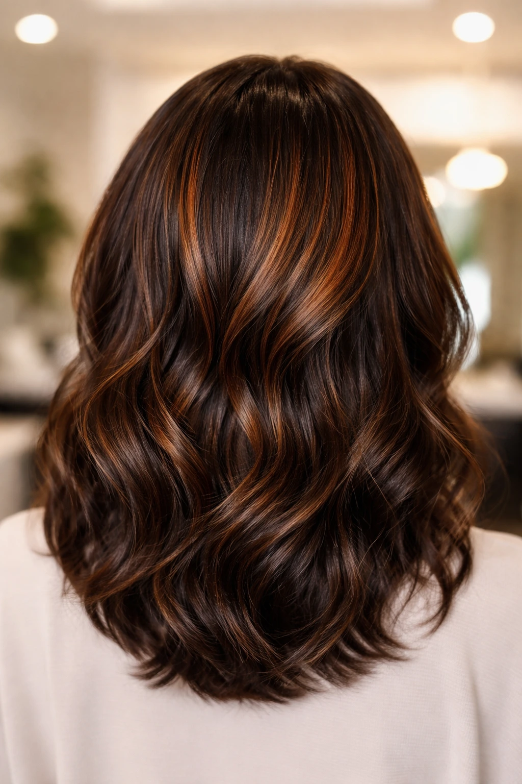 Crown-area copper halo highlights on dark hair