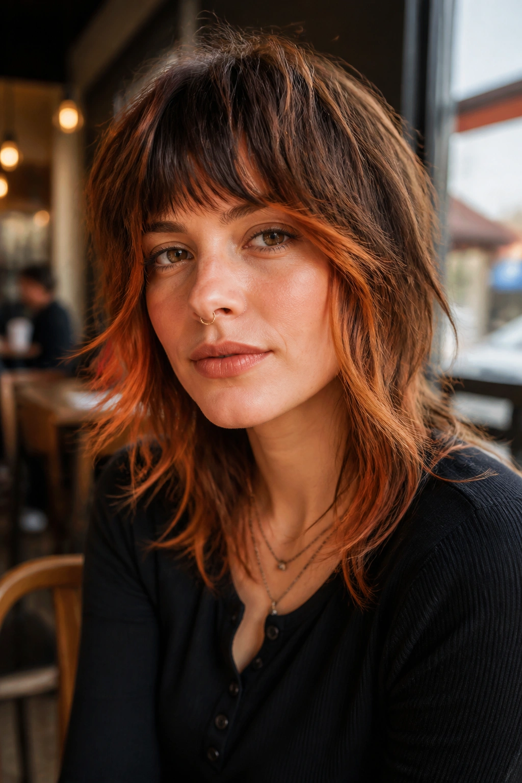 Portrait of a real woman with copper halo on shag cut in cafe setting.