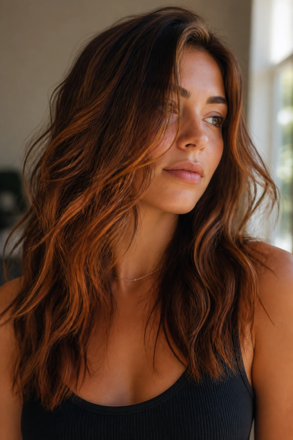 Close-up of copper-toned highlights weaving through brown hair