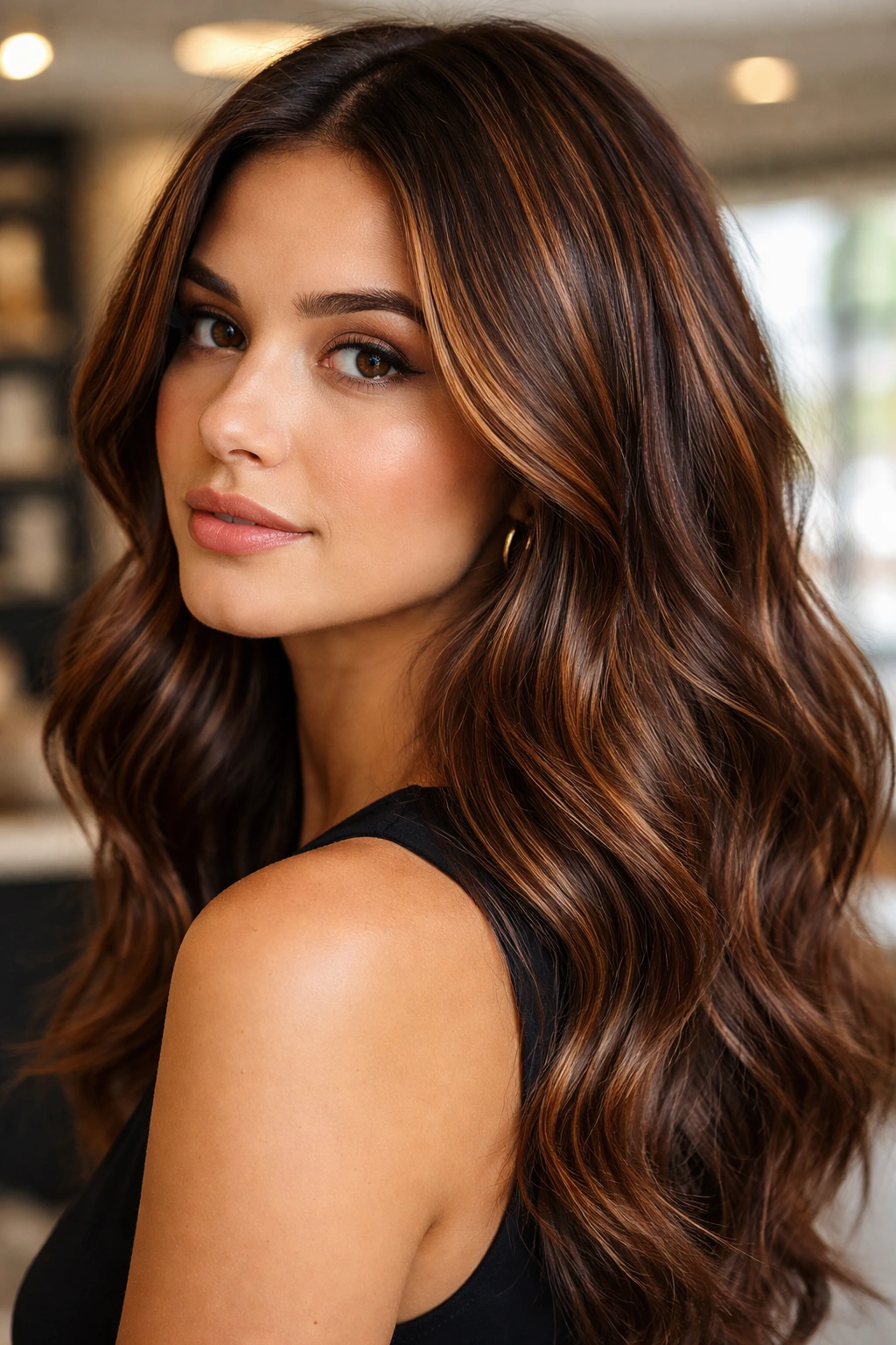 Close-up portrait of a real woman with copper micro-highlights on brown hair in a salon setting