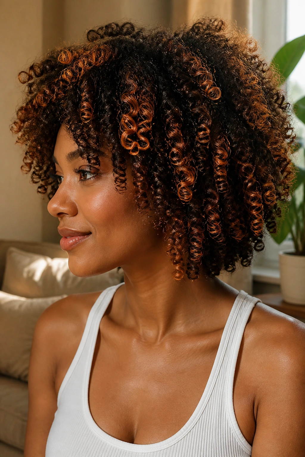 Copper highlights on tight curly coils around face