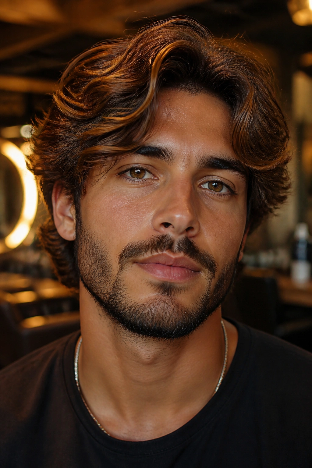 Close-up of hair with copper highlights in a warm salon