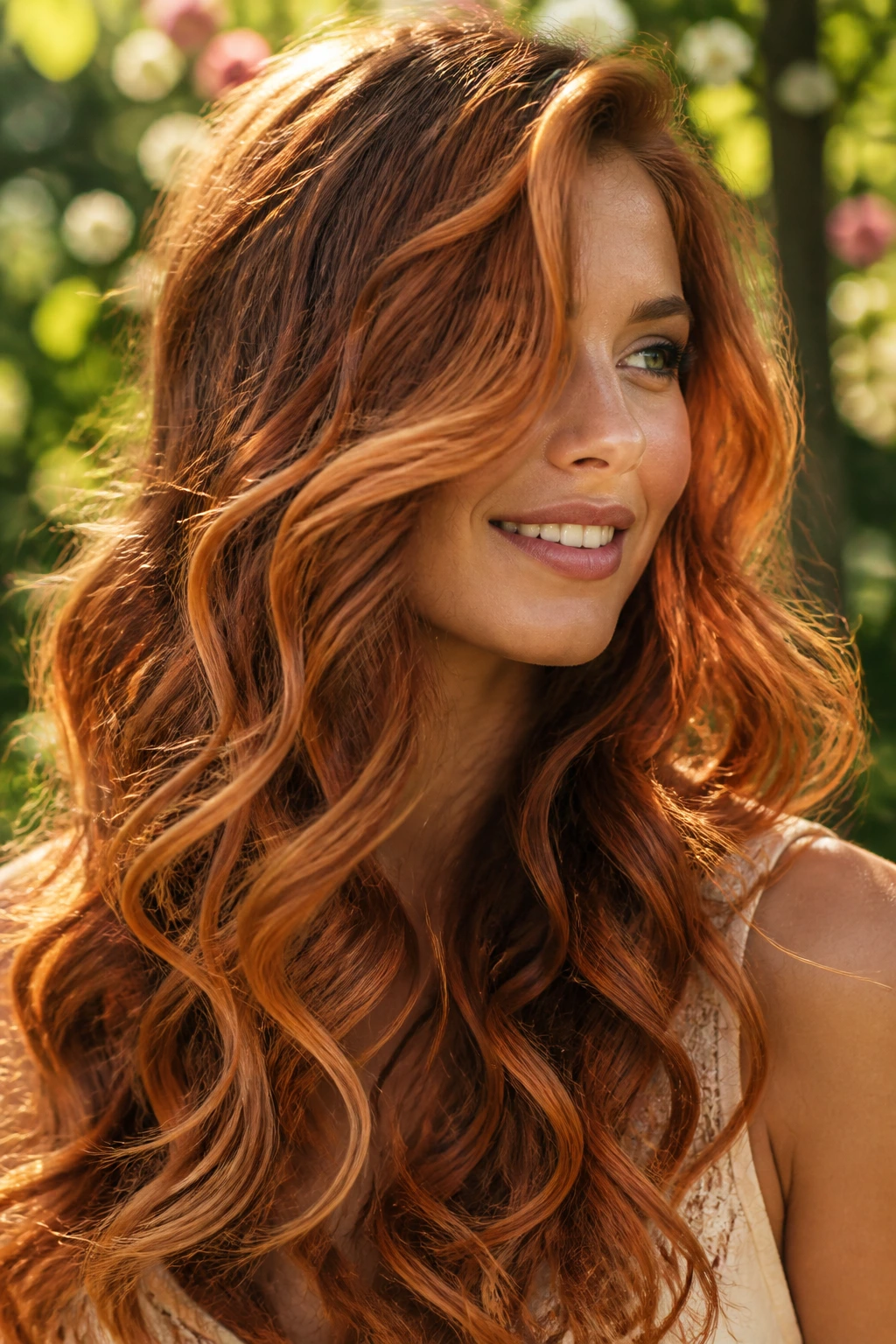 Curly hair with copper ribbon highlights running through long lengths.