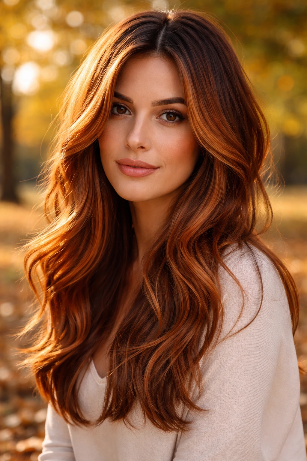 Close-up of a real person with copper-infused honey balayage in autumn light
