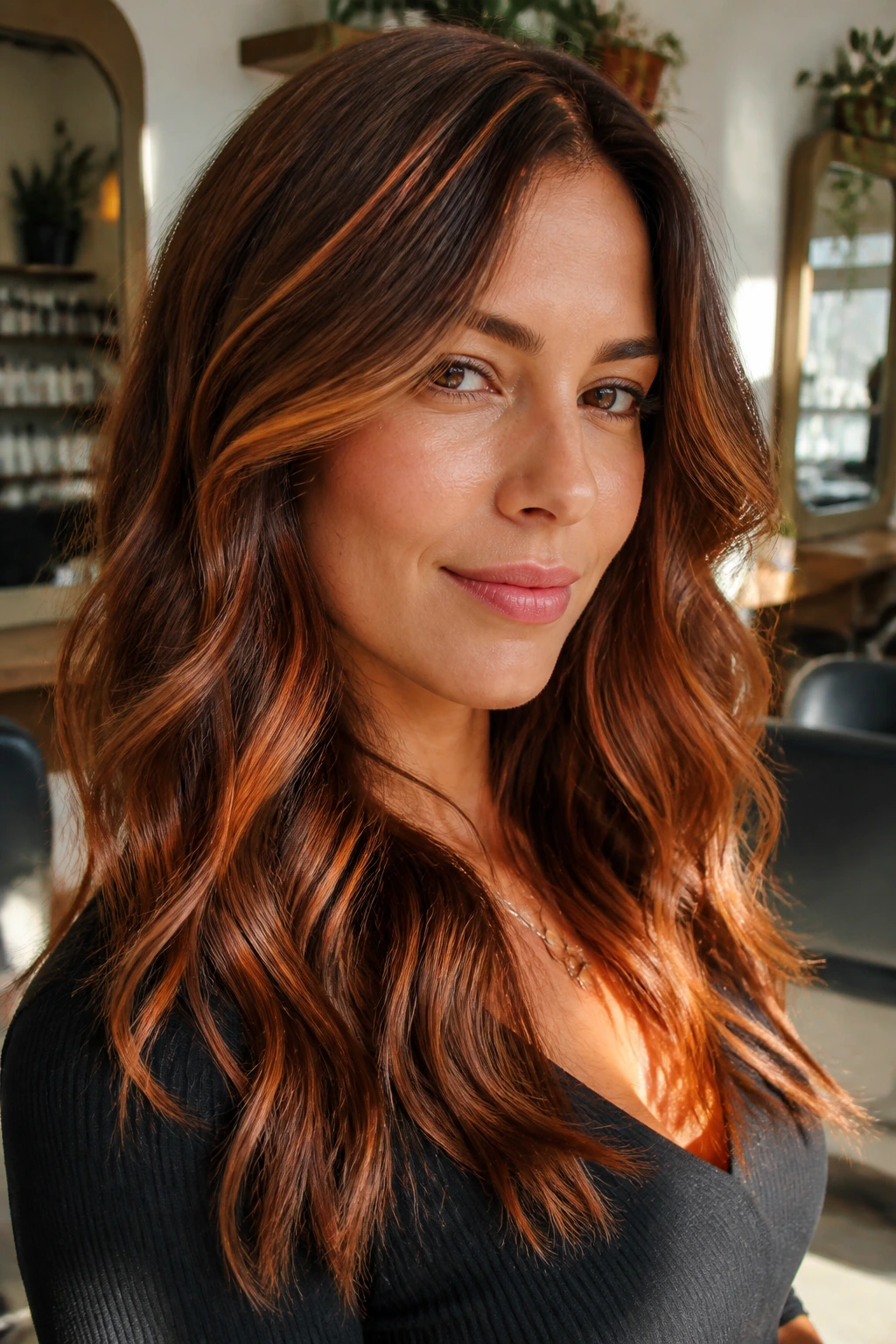 Close-up of a woman with copper-kissed balayage on brown hair, warm ribbon highlights