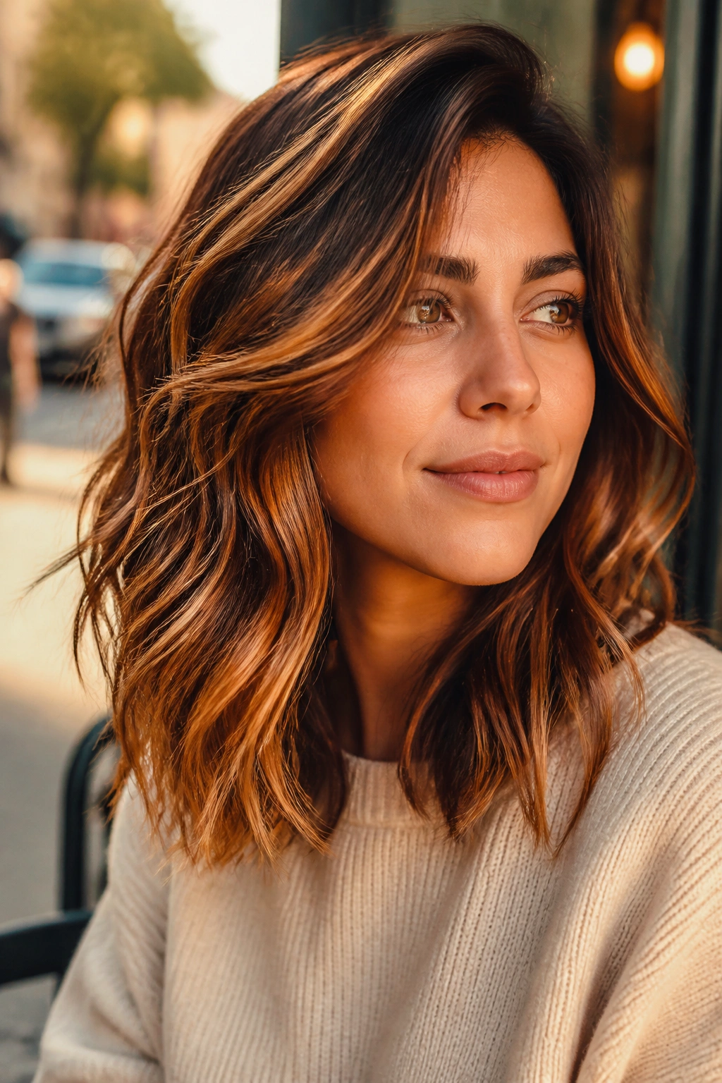 Close-up of brunette with copper-kissed balayage in golden hour light