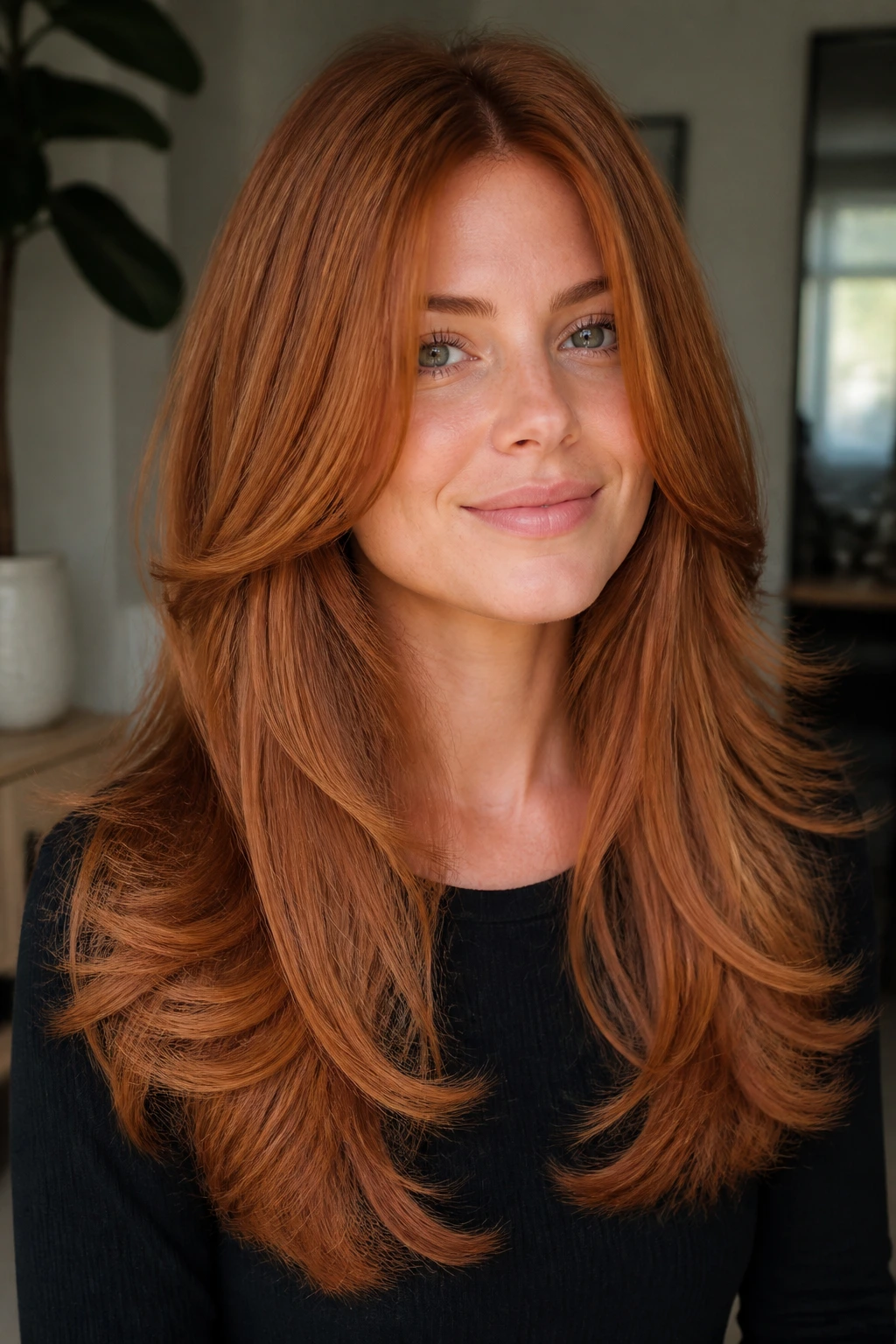 Close-up of copper layered U-cut hairstyle on real person