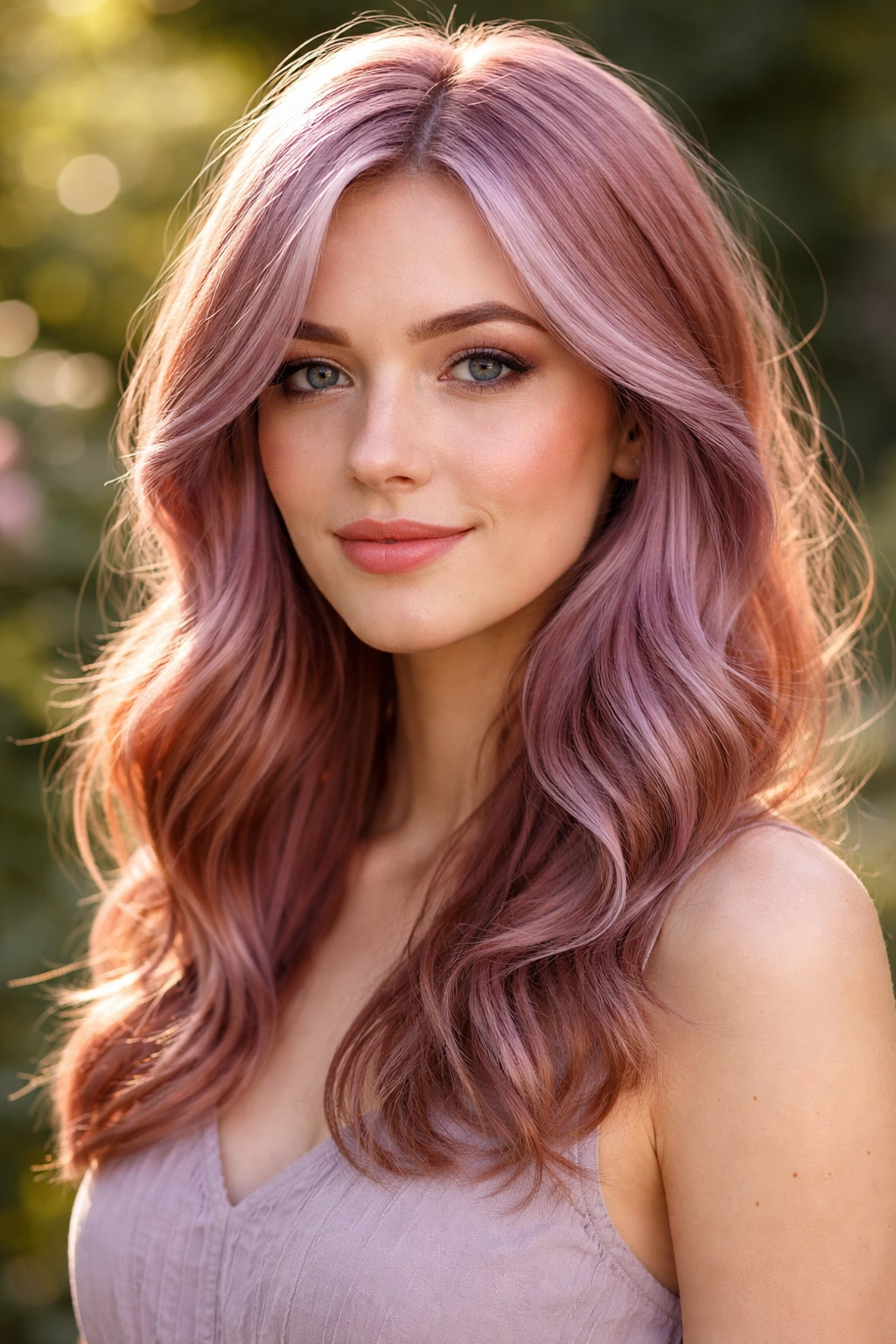 Portrait of a person with copper-lilac tinted hair in a garden setting.