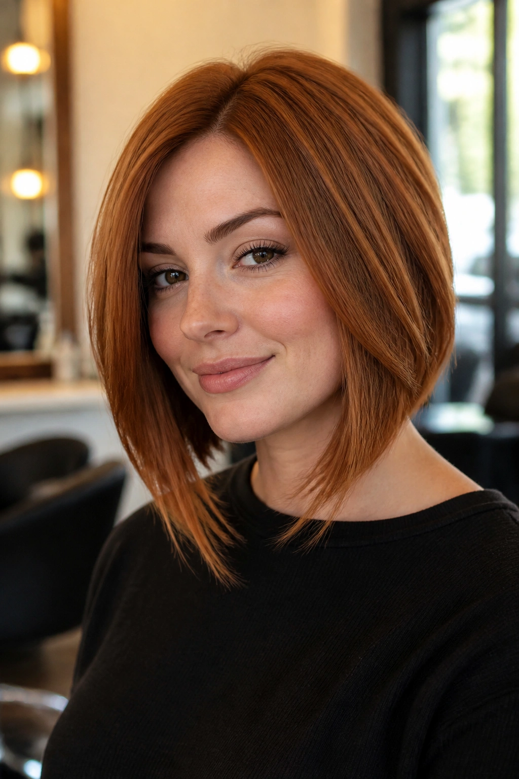 Close-up portrait of a woman with a copper lob and angled front pieces