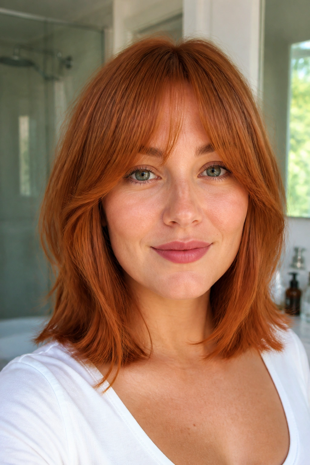 Close-up of a real woman with copper lob and bottleneck bangs
