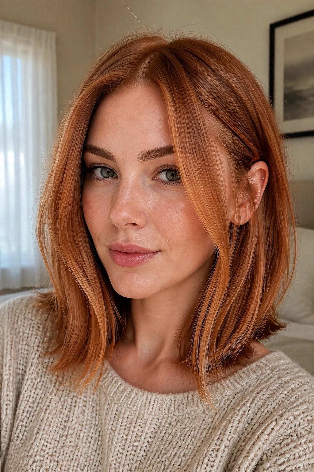 Close-up of a real woman with a copper lob and long face-framing pieces.