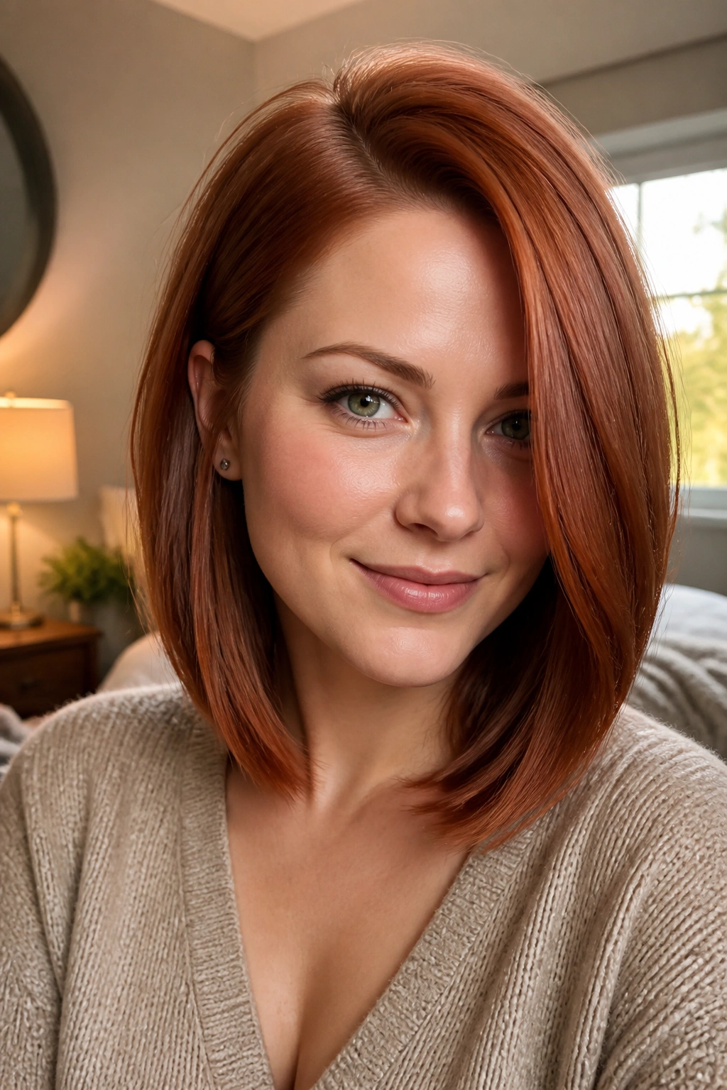Close-up of a real woman with copper-red deep side-part lob on a round face