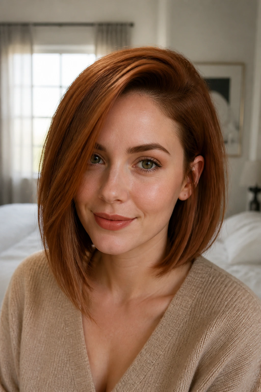 Close-up of a real woman's copper long bob with a deep side part