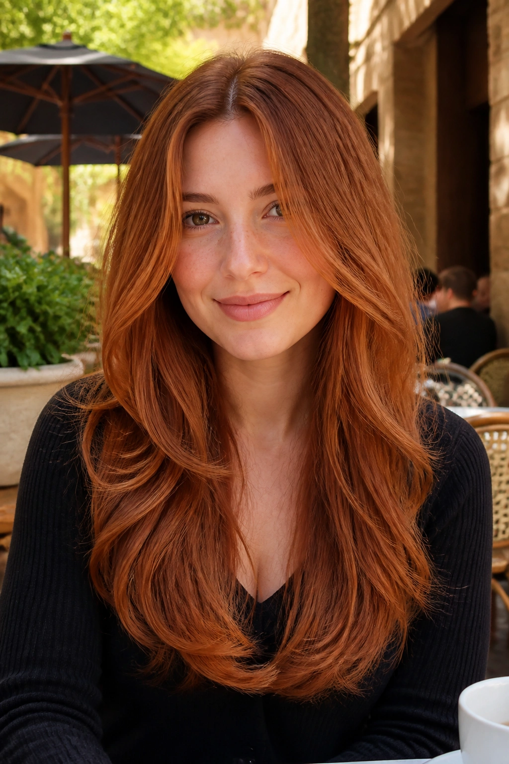 Real woman with long copper layers and center part in daylight