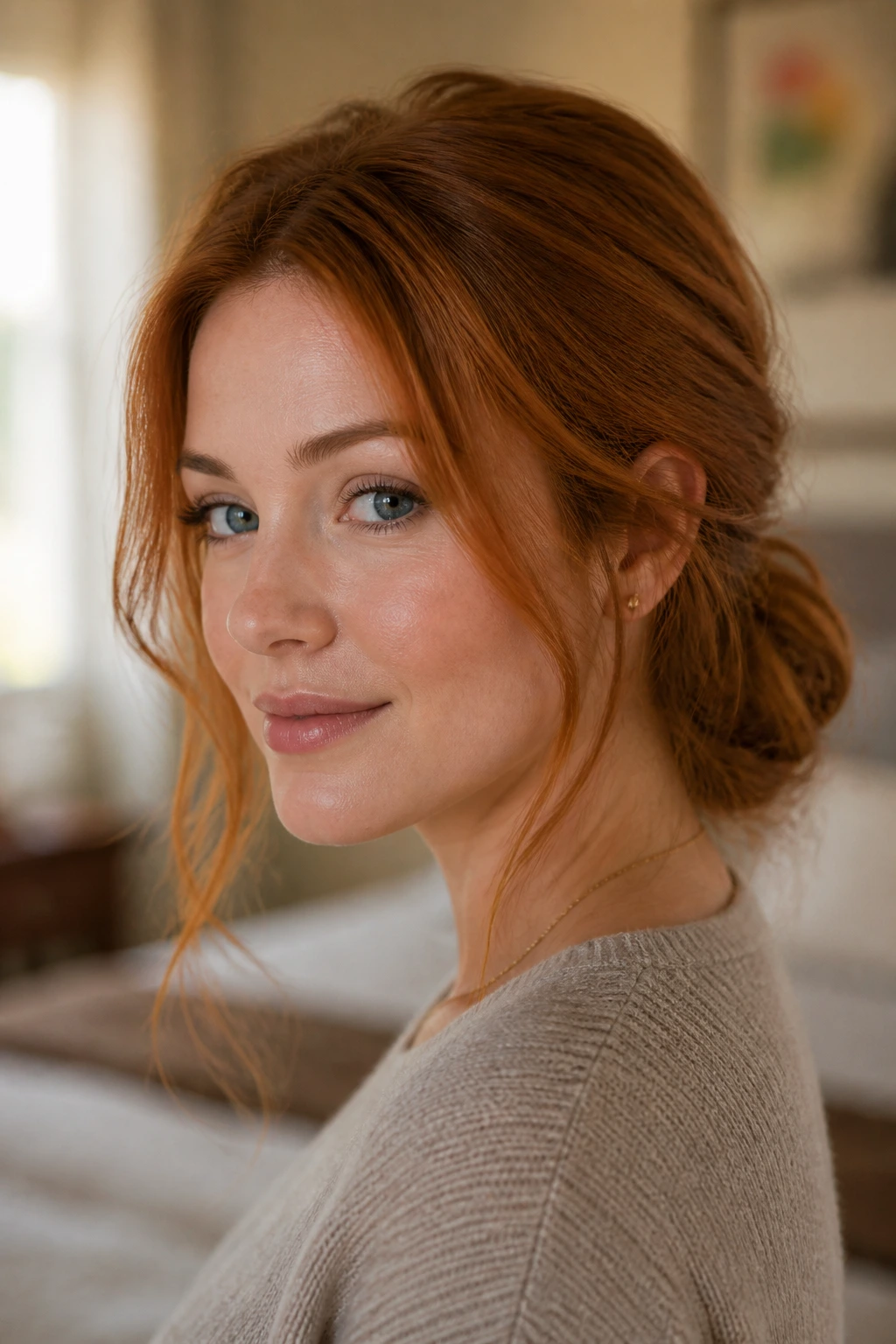 Close-up of a real person wearing a copper low bun with soft face-framing pieces in warm home light