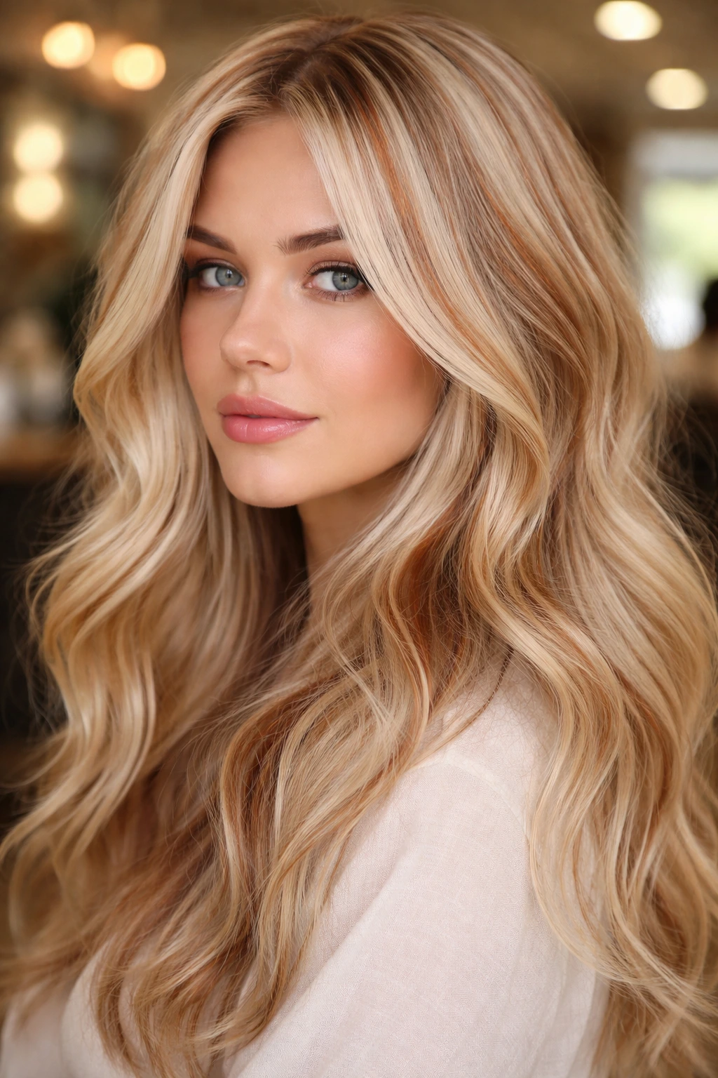 Close-up of a real woman with bleach-blonde hair featuring copper lowlights woven through