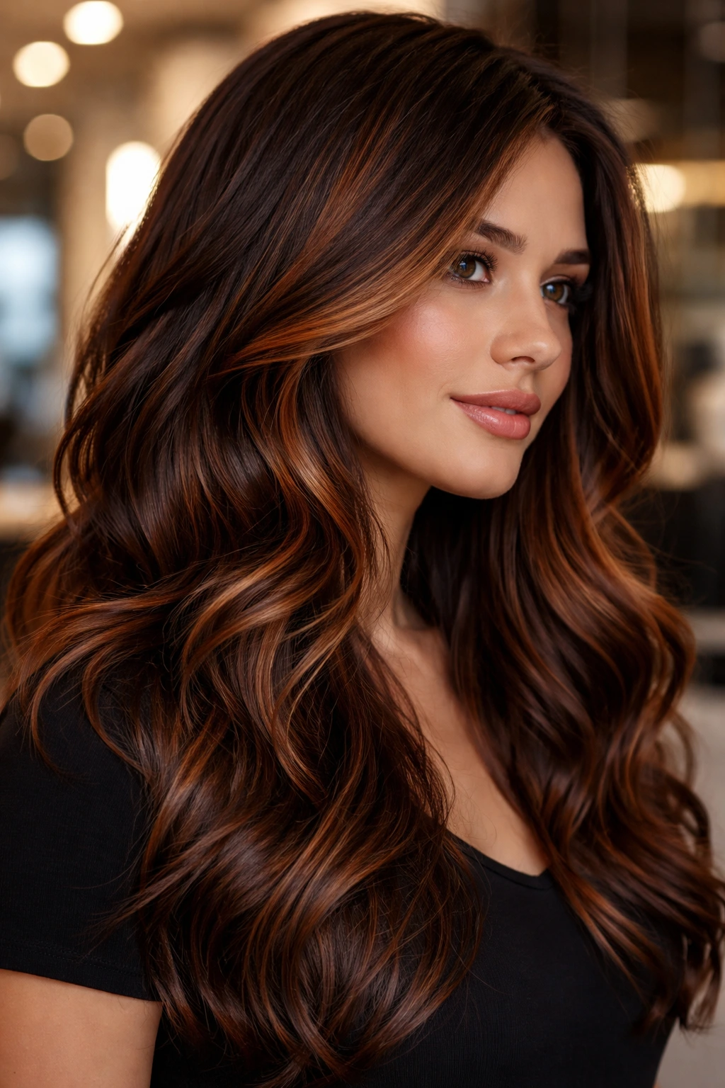 Close-up portrait of a real woman with copper lowlights woven into brown hair in a modern salon