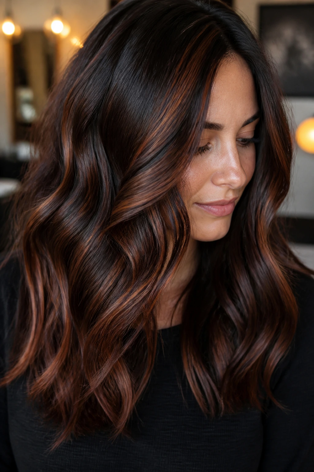 Close-up of brunette with copper lowlights creating movement