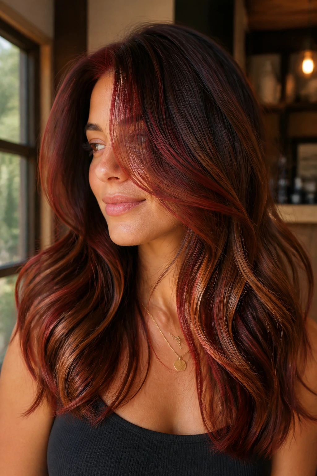 Close-up of brown hair with copper lowlights and red highlights in a sunlit room