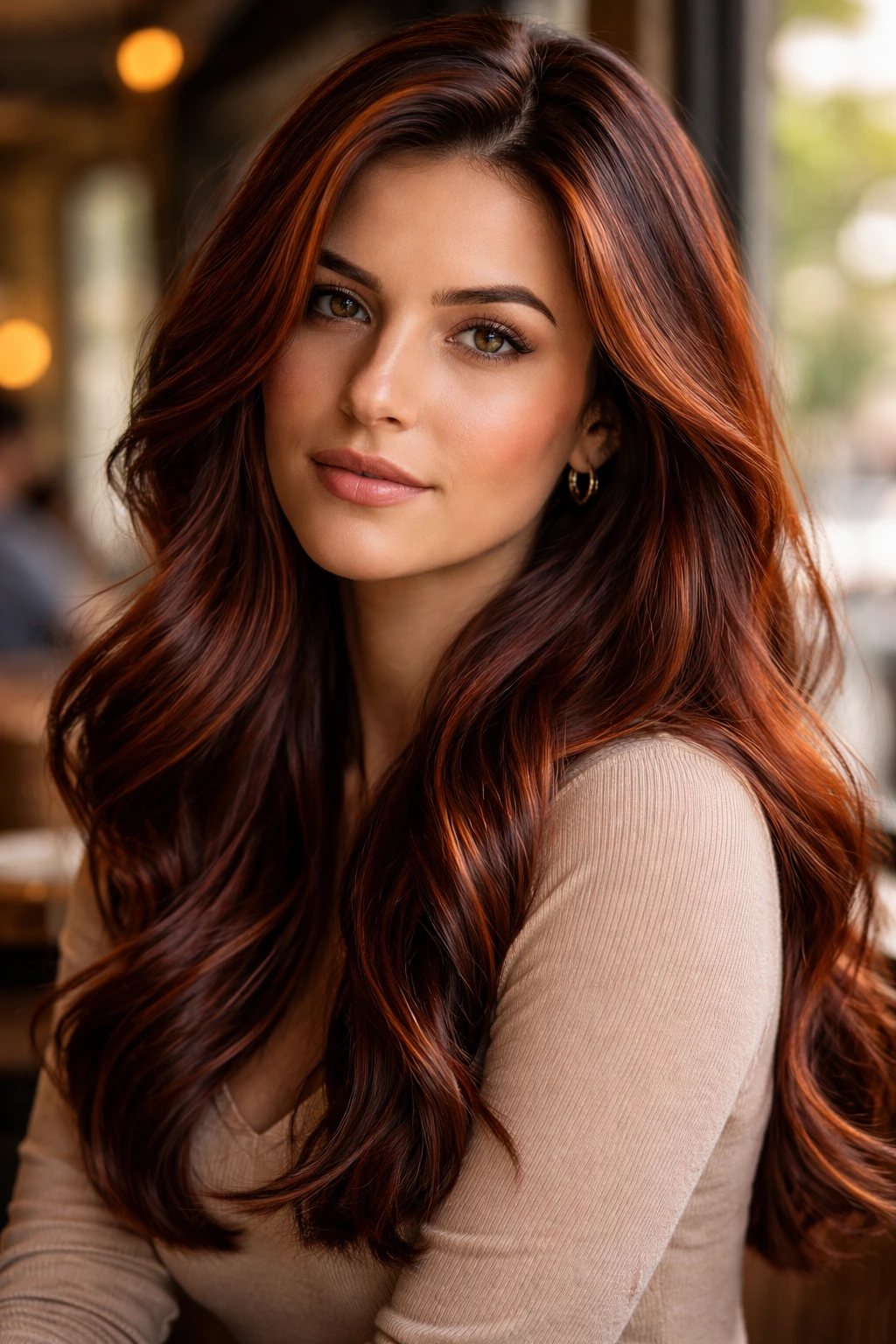 Close-up of brunette hair with copper-mahogany glaze and warm highlights