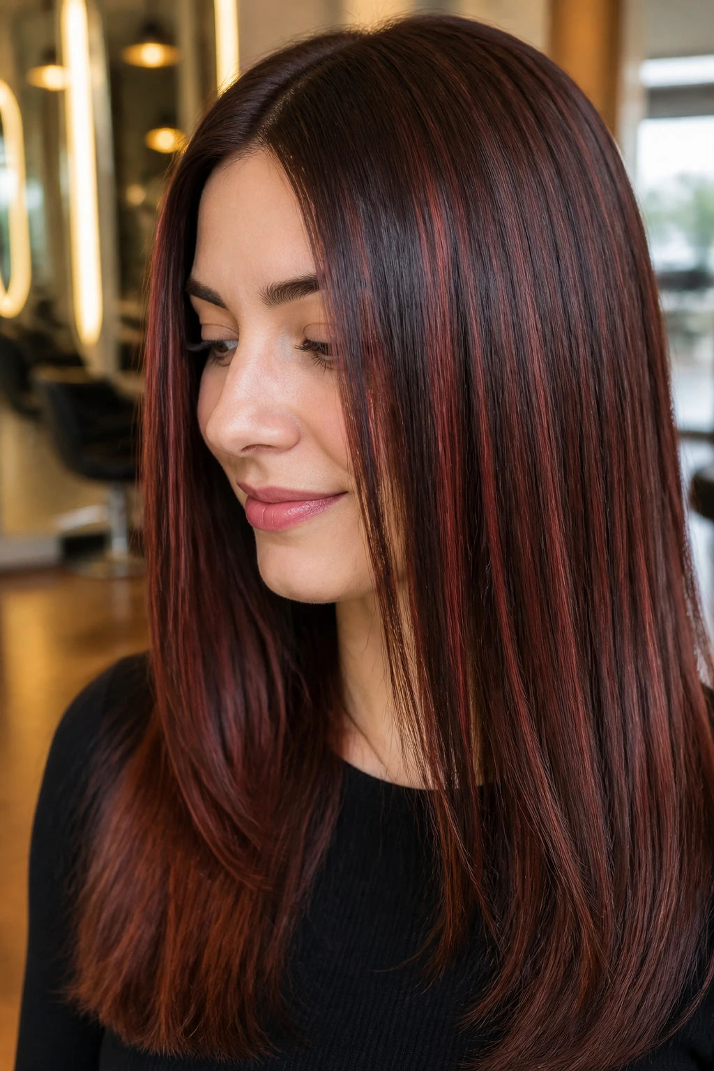 Close-up portrait of a real woman with copper-mahogany ribbon highlights in straight hair