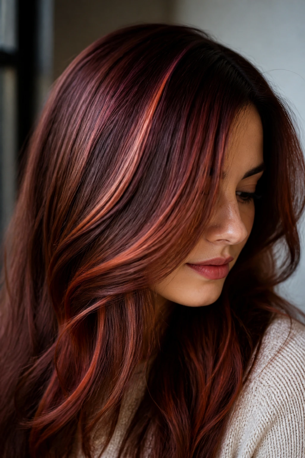 Close-up of a real person showing copper-mahogany ribbon highlights in hair