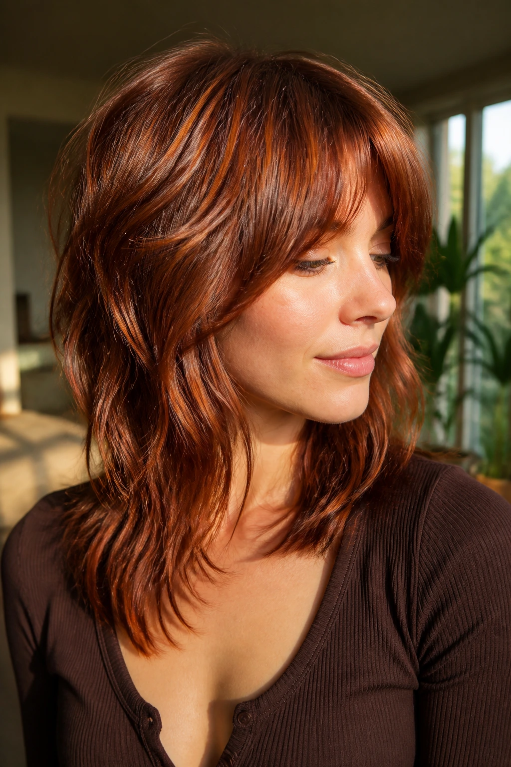 Close-up of a real woman with toasted copper mahogany shag hairstyle in a sunlit living room.