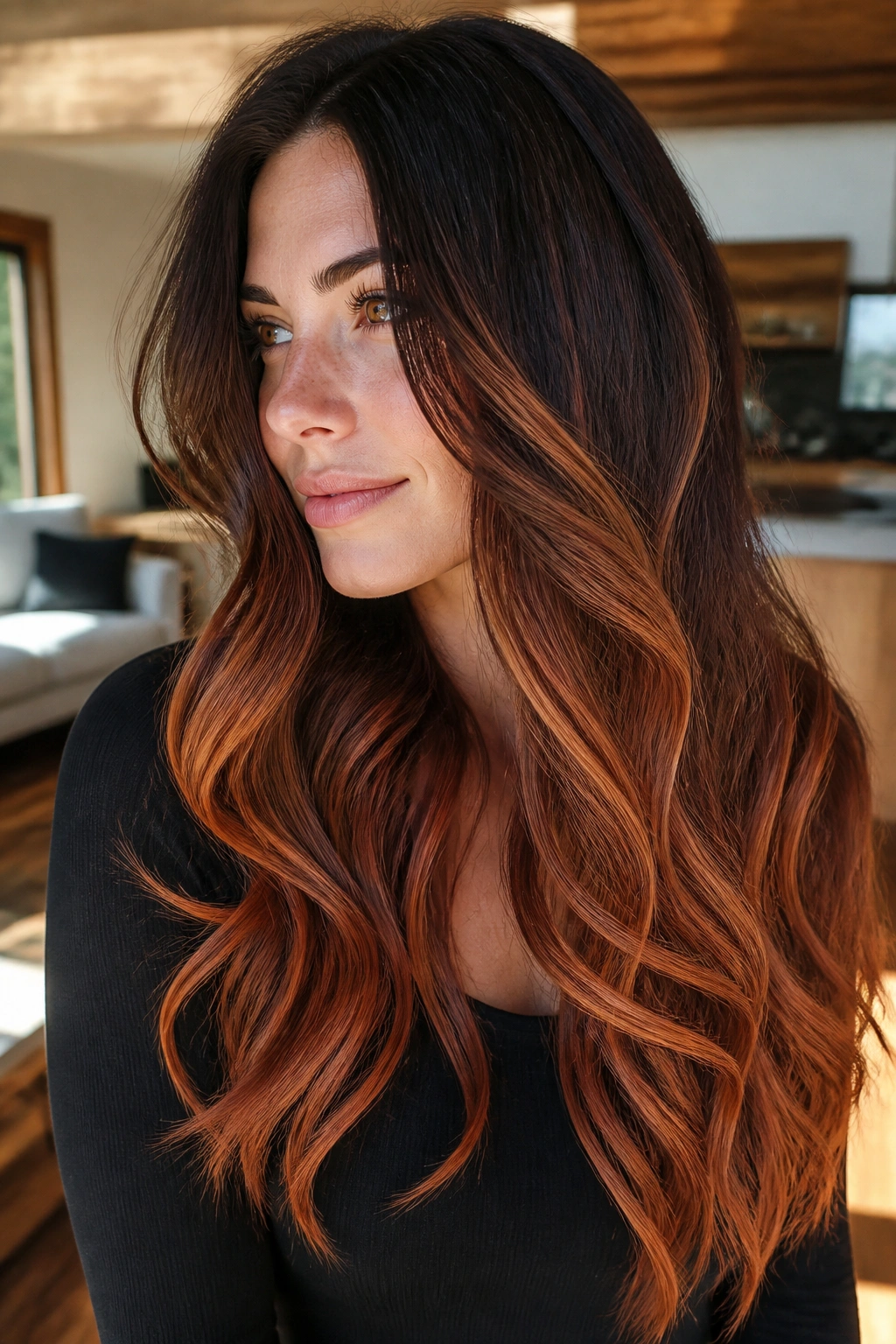 Close-up of a brunette woman’s long hair showing espresso-rooted copper ombre with waves.