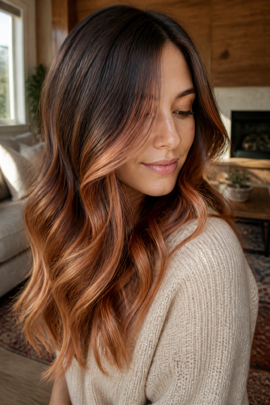 Close-up of a real person with a soft copper melt on dark brunette hair