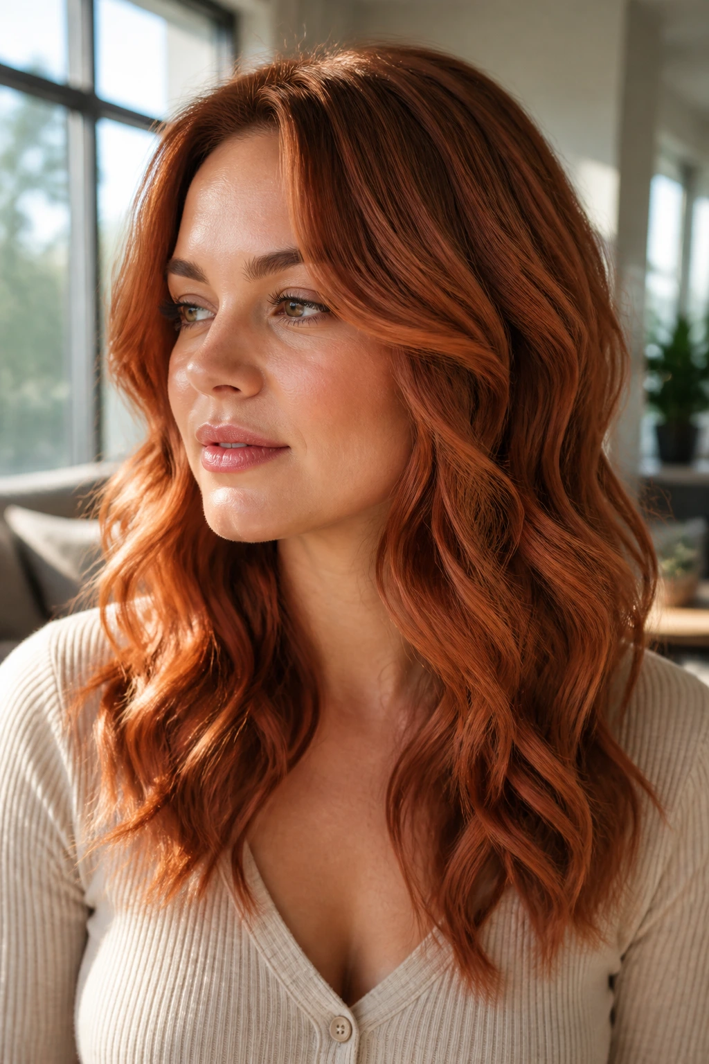 Close-up of a real person with copper mermaid waves on mid-length hair in natural window light