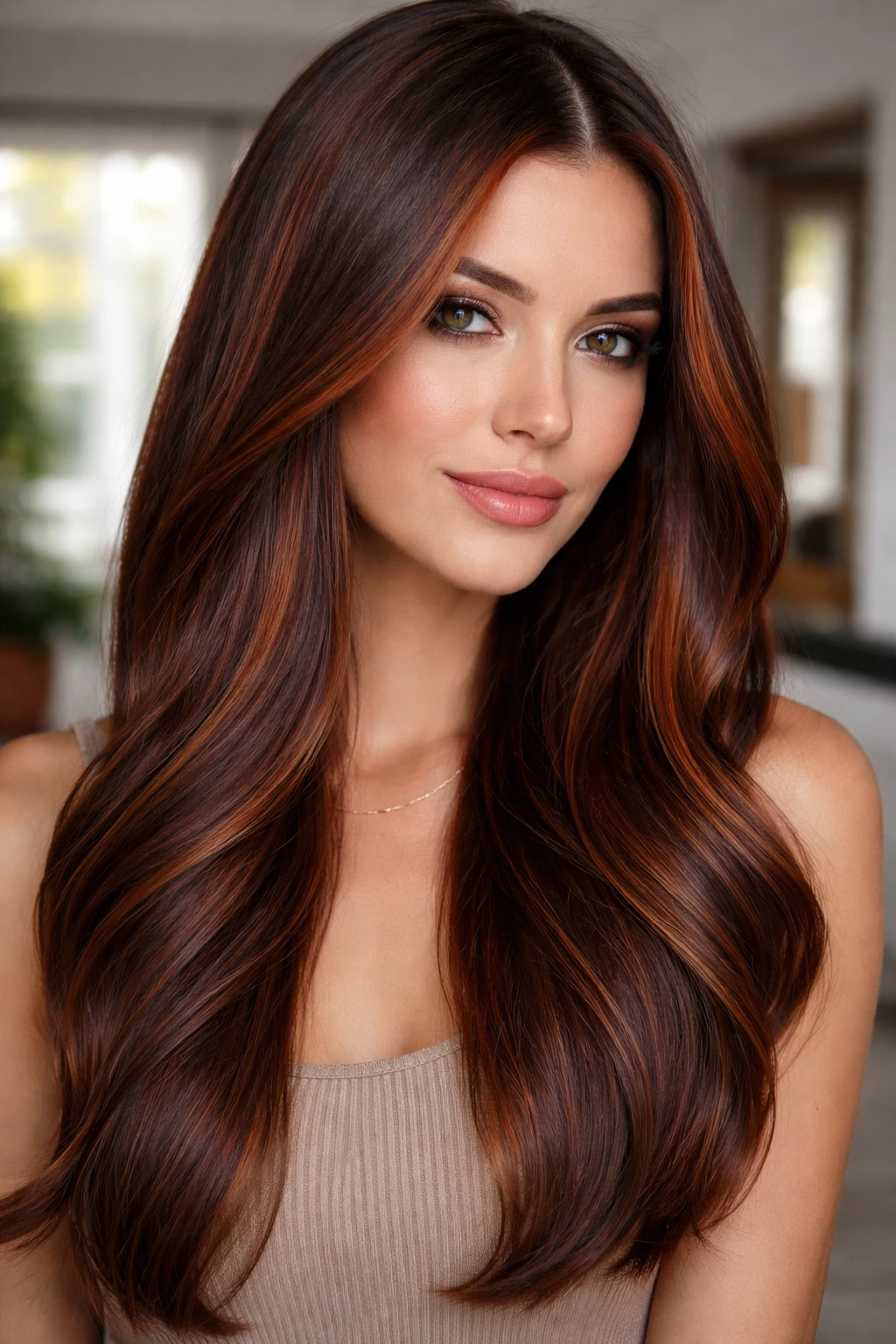 Portrait of a real person with copper mocha blend hair in sleek style