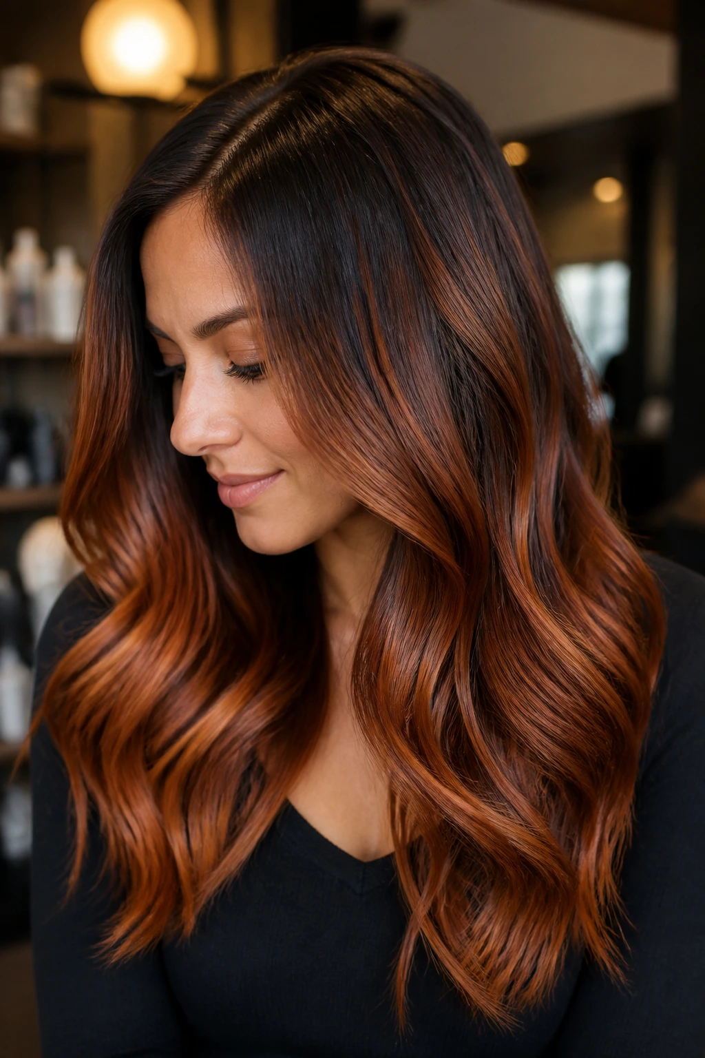 Close-up of a real woman with copper and mocha contrast on brunette balayage