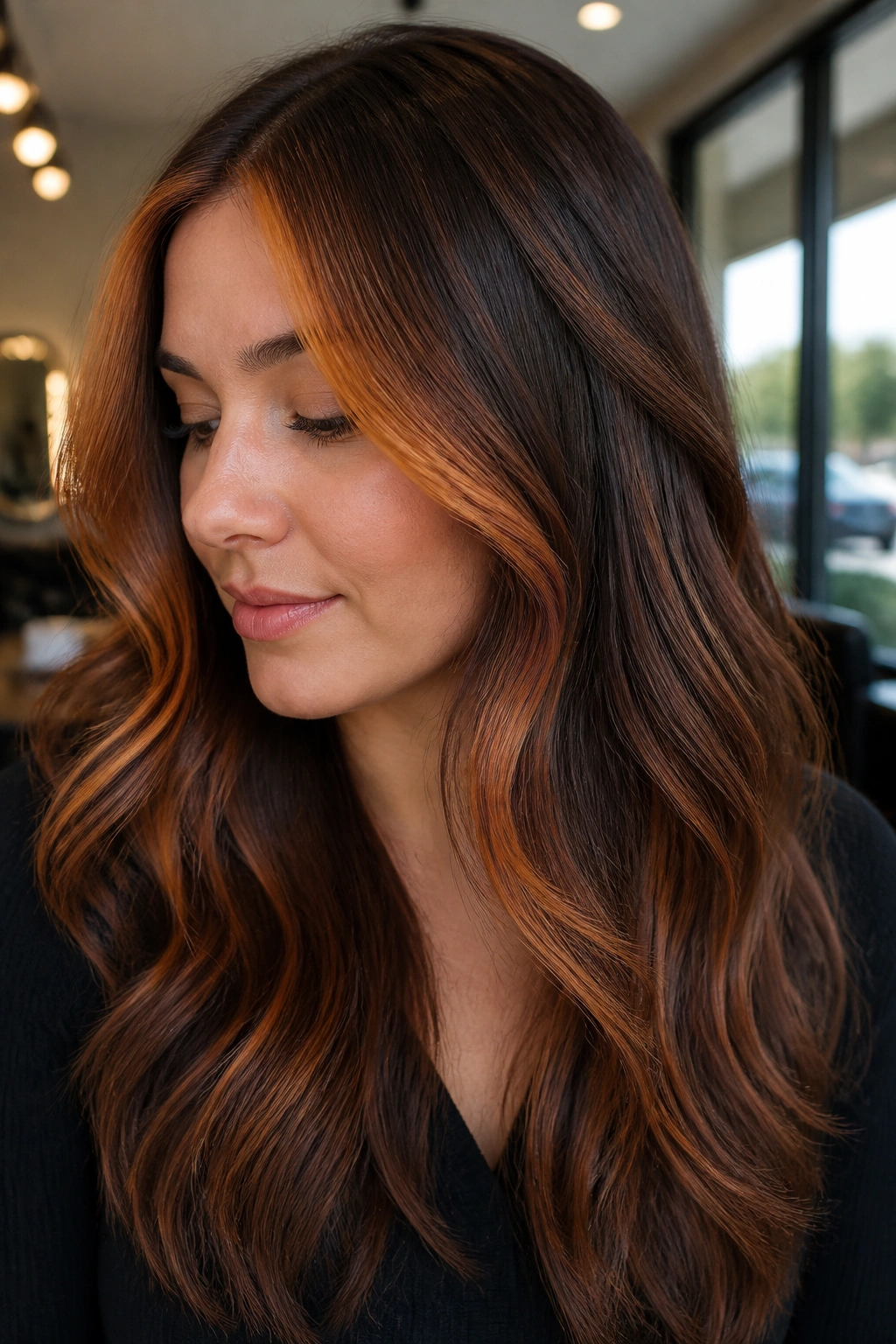Close-up portrait of a real woman with copper money piece balayage at the hairline