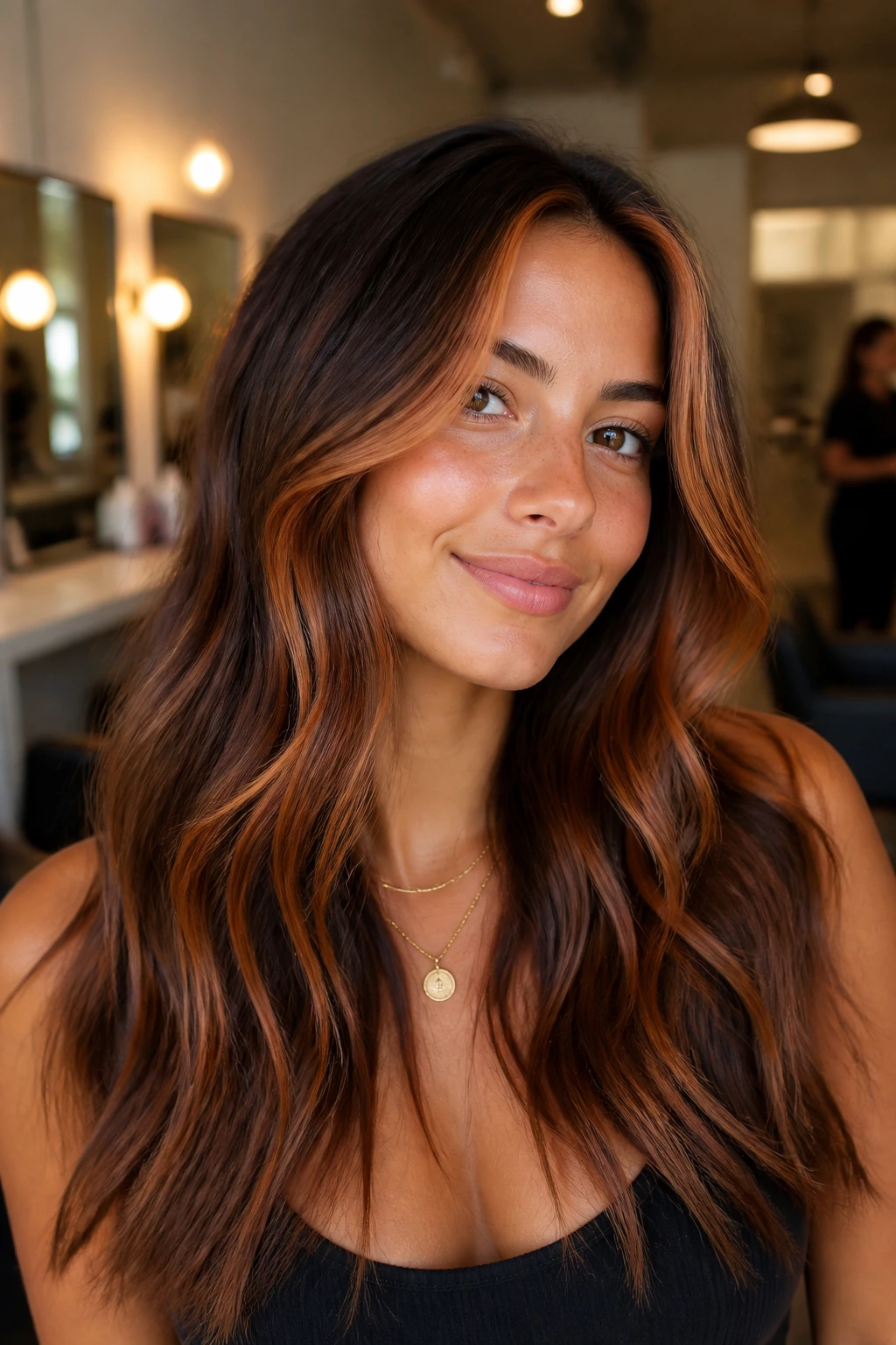 Close-up of a real woman with a copper money piece framing brunette balayage
