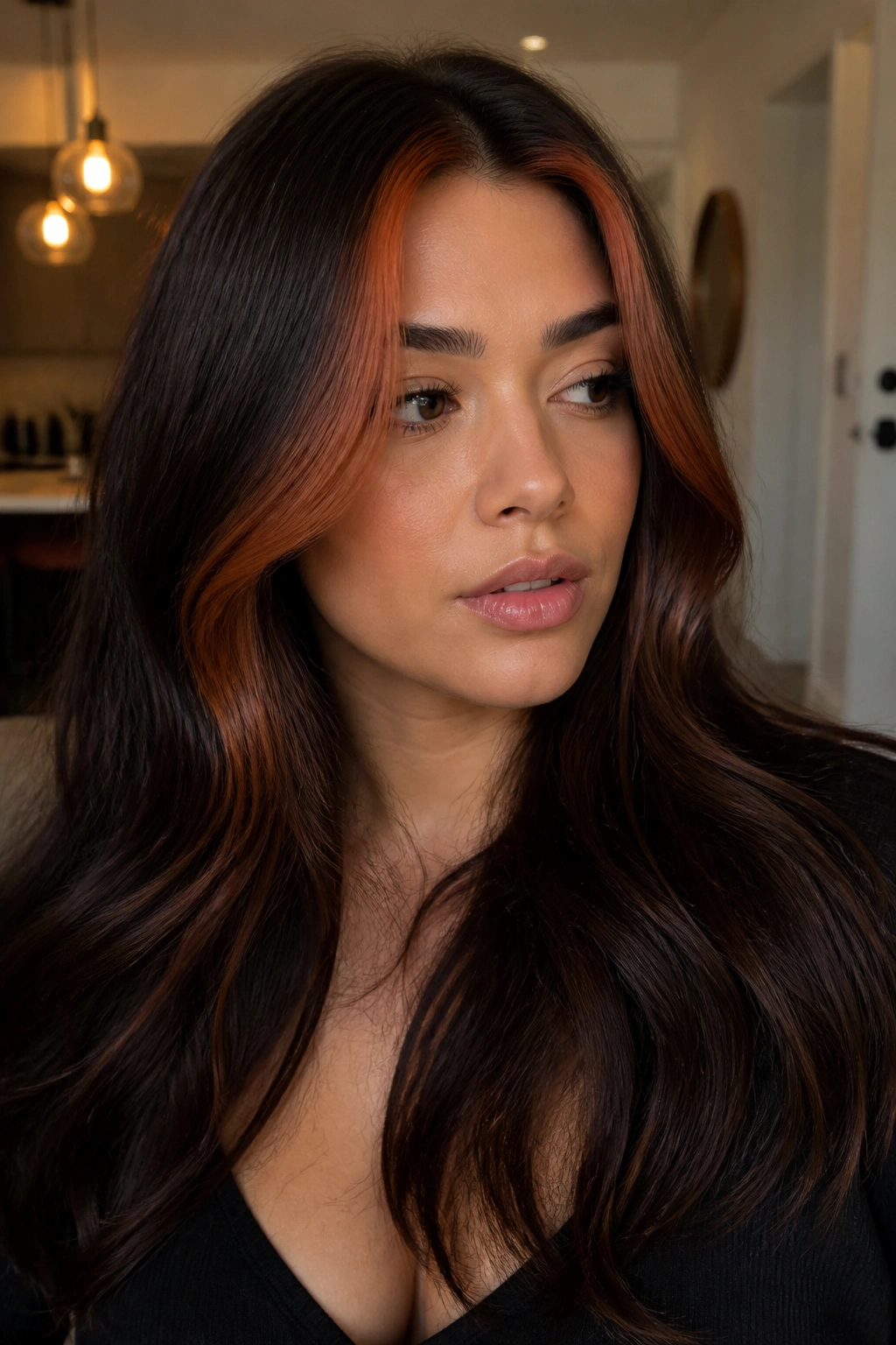 Close-up of chocolate brown hair with copper front piece in warm lighting