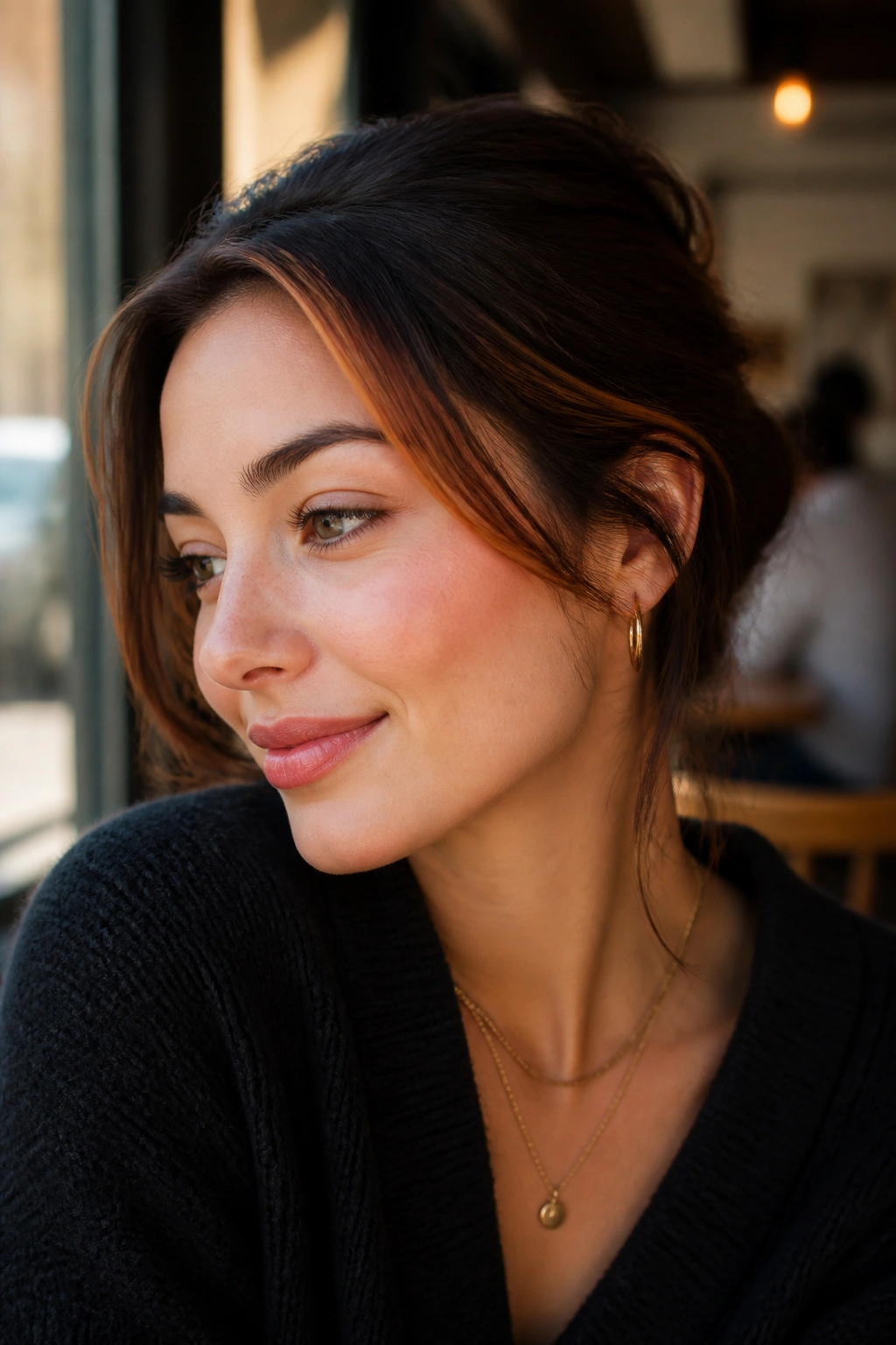 Close-up portrait of a real woman with copper money piece on cool brunette hair