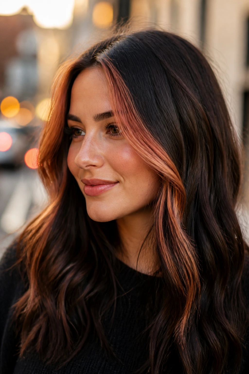 Close-up of a real woman with copper money piece on dark brunette hair