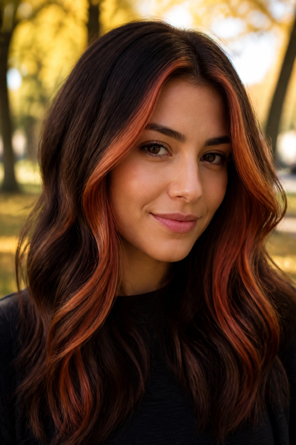 Close-up portrait of a woman with copper money piece highlights around the face on chestnut brown hair
