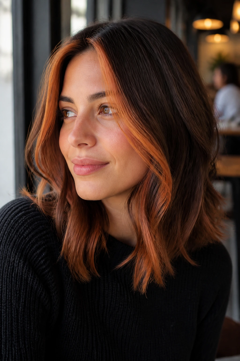 Portrait of a real person with copper money pieces on mid-length brown balayage
