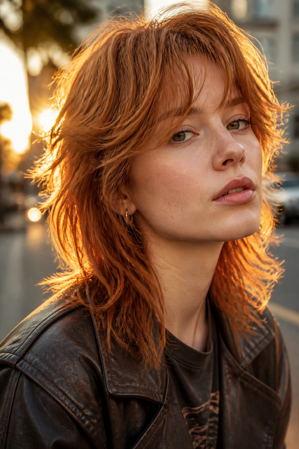 Close-up portrait of a real person with copper layered mullet and curtain fringe