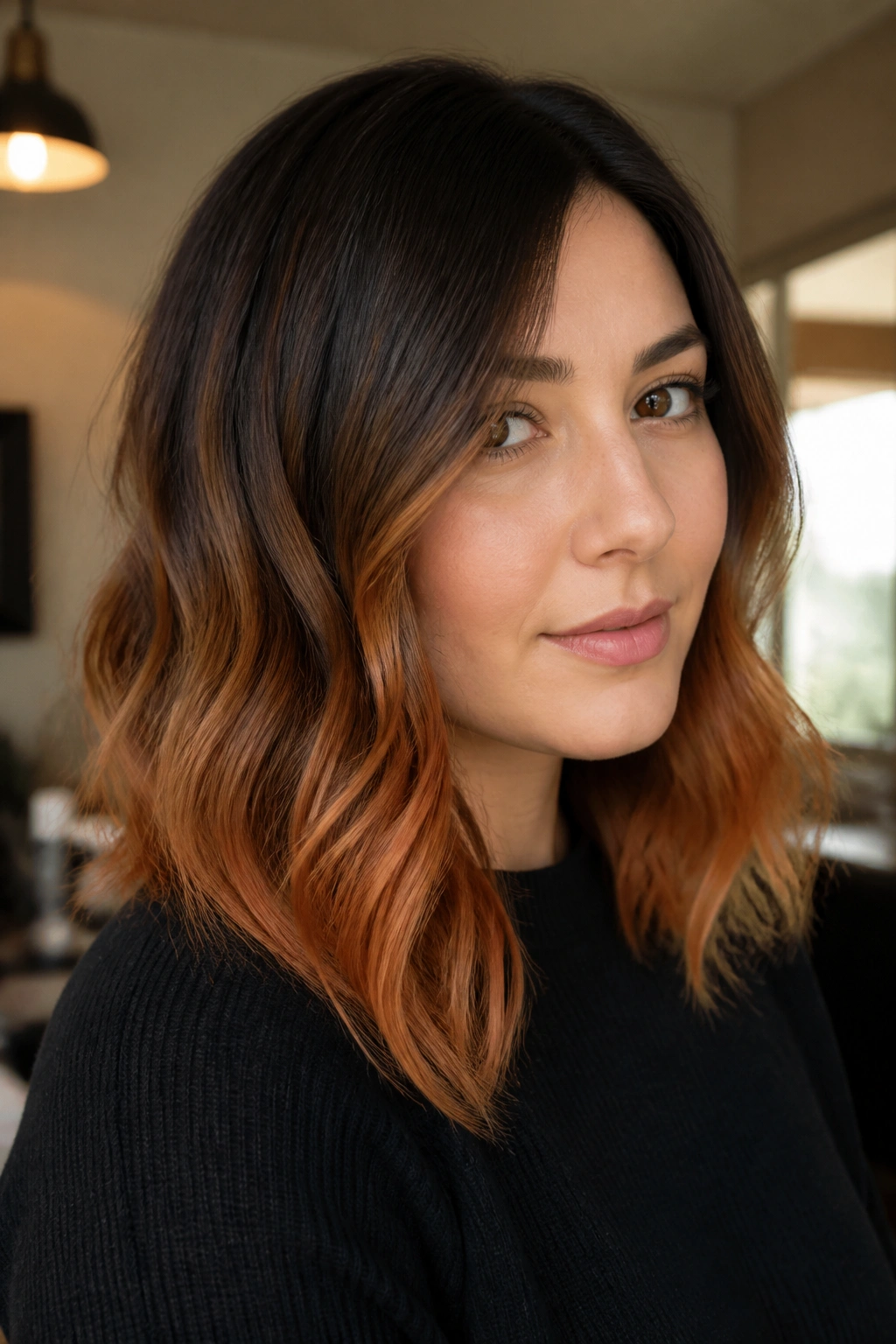 Close-up of a real woman with copper ombré starting below the cheekbone.