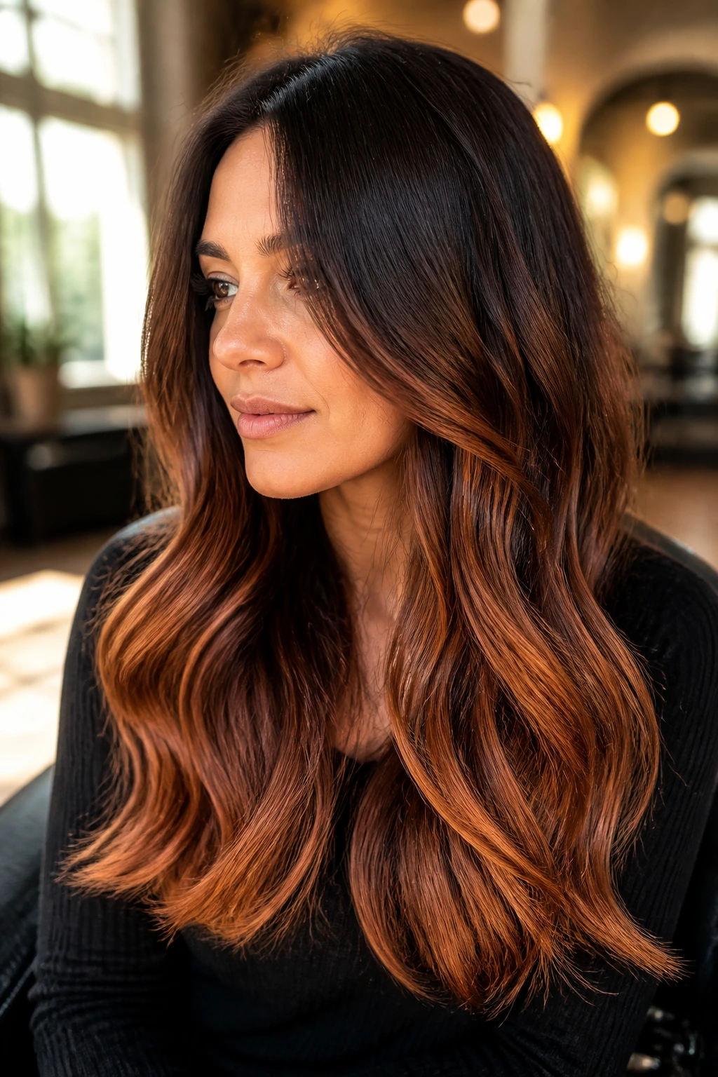 Close-up of real woman with long brown hair showing soft copper ombré from mid-lengths to ends